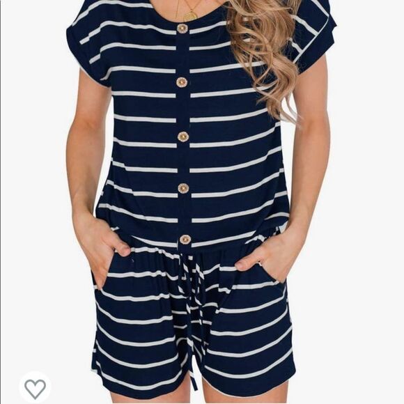 Women's Summer Casual Short Sleeve Striped Loose Jumpsuit Rompers with P… - Picture 1 of 2